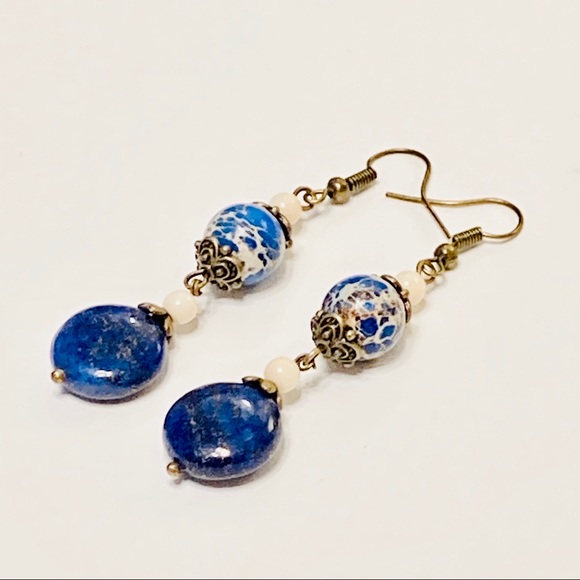 Lapis Lazuli & Blue Sea Sediment Jasper Earrings - Picture 4 of 7